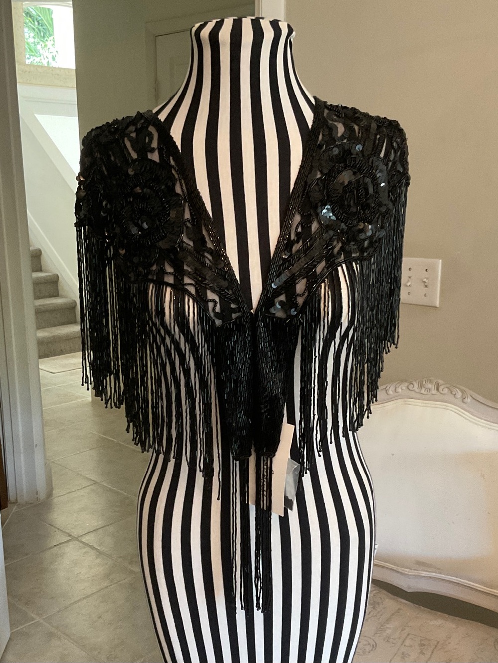 12th Tribe Black Beaded Fringe Shawl